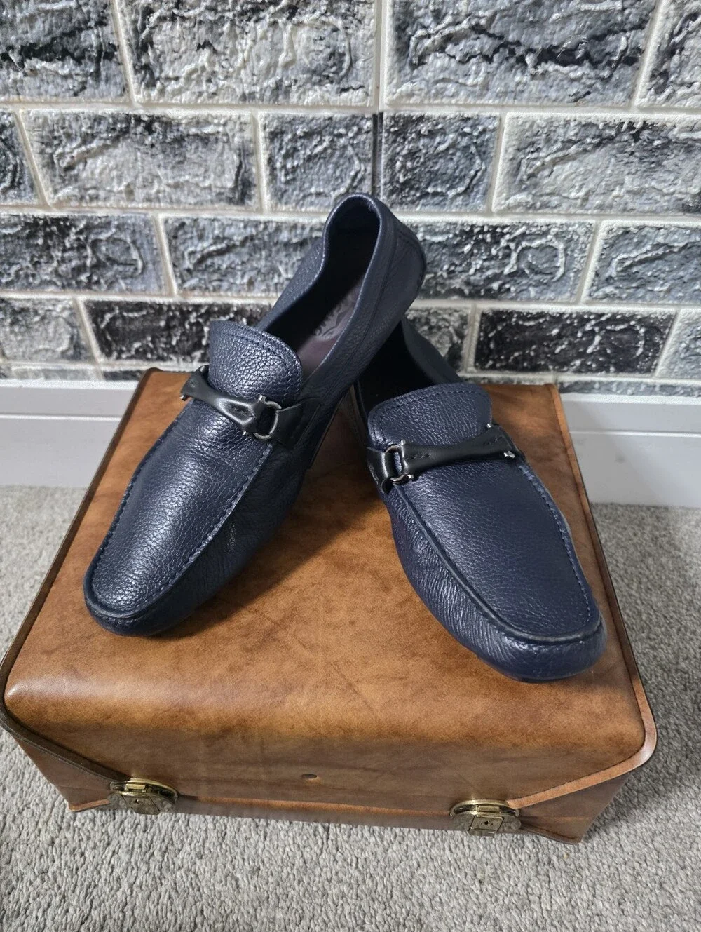 Salvatore Ferragamo Men's Navy Leather Loafers Size 9.5